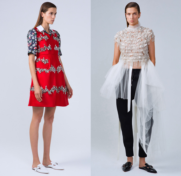 Dice Kayek 2018 Spring Summer Womens Lookbook Presentation - Mode à Paris Fashion Week Mode Féminin France - Volumized Sculptural Polka Dots Sash Ribbon Bow Tie Up Ruffles Flounce Sheer Chiffon Tulle Silk Satin Tiered Accordion Pleats Brooch Broach Broche Embroidery Appliqués Bedazzled Jewels Gemstones Flowers Floral Squares Fringes Check Coat Blazer Blouse Leg O'Mutton Sleeves Shirtdress Sweatshirt Vest Pantsuit Butterfly Shoulders Dress High Waist Skirt Wide Leg Mismatch Mules Flats Platforms