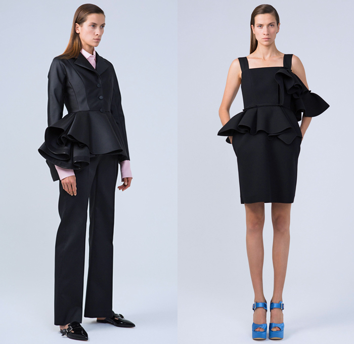 Dice Kayek 2018 Spring Summer Womens Lookbook Presentation - Mode à Paris Fashion Week Mode Féminin France - Volumized Sculptural Polka Dots Sash Ribbon Bow Tie Up Ruffles Flounce Sheer Chiffon Tulle Silk Satin Tiered Accordion Pleats Brooch Broach Broche Embroidery Appliqués Bedazzled Jewels Gemstones Flowers Floral Squares Fringes Check Coat Blazer Blouse Leg O'Mutton Sleeves Shirtdress Sweatshirt Vest Pantsuit Butterfly Shoulders Dress High Waist Skirt Wide Leg Mismatch Mules Flats Platforms