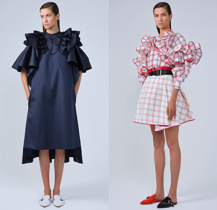 Dice Kayek 2018 Spring Summer Womens Lookbook Presentation - Mode à Paris Fashion Week Mode Féminin France - Volumized Sculptural Polka Dots Sash Ribbon Bow Tie Up Ruffles Flounce Sheer Chiffon Tulle Silk Satin Tiered Accordion Pleats Brooch Broach Broche Embroidery Appliqués Bedazzled Jewels Gemstones Flowers Floral Squares Fringes Check Coat Blazer Blouse Leg O'Mutton Sleeves Shirtdress Sweatshirt Vest Pantsuit Butterfly Shoulders Dress High Waist Skirt Wide Leg Mismatch Mules Flats Platforms