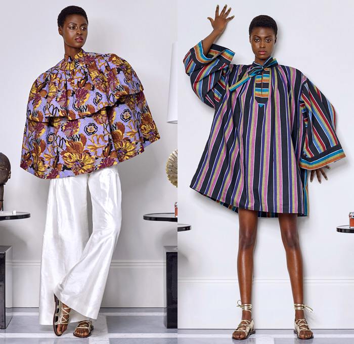 Duro Olowu 2018 Spring Summer Womens Lookbook Presentation - London Fashion Week Collections UK United Kingdom - Lee Miller Homage Mix Match Mash Up Flowers Floral Print Pattern Motif Stripes Decorative Art Geometric Ethnic Tribal Folk Ruffles Pockets Sheer Chiffon Organza Silk Satin Trench Coat Kimono Cape Jacket Blazer Tiered Shirtdress Bell Leg-of-Mutton Sleeves Blouse Pantsuit Wide Leg Trousers Palazzo Pants Maxi Dress Gown Gladiator Sandals Headwear Leaves Sunglasses Shades Cuffs Scarf