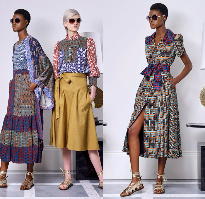 Duro Olowu 2018 Spring Summer Womens Lookbook Presentation - London Fashion Week Collections UK United Kingdom - Lee Miller Homage Mix Match Mash Up Flowers Floral Print Pattern Motif Stripes Decorative Art Geometric Ethnic Tribal Folk Ruffles Pockets Sheer Chiffon Organza Silk Satin Trench Coat Kimono Cape Jacket Blazer Tiered Shirtdress Bell Leg-of-Mutton Sleeves Blouse Pantsuit Wide Leg Trousers Palazzo Pants Maxi Dress Gown Gladiator Sandals Headwear Leaves Sunglasses Shades Cuffs Scarf