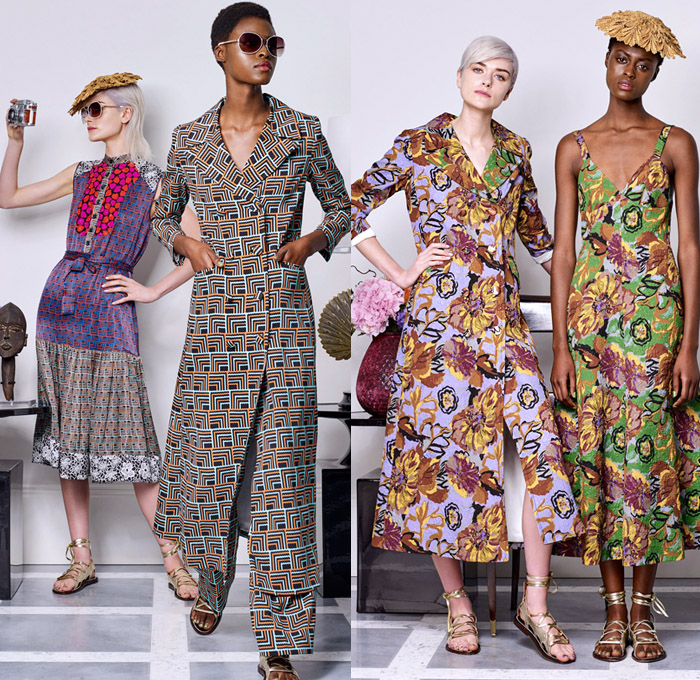 Duro Olowu 2018 Spring Summer Womens Lookbook Presentation - London Fashion Week Collections UK United Kingdom - Lee Miller Homage Mix Match Mash Up Flowers Floral Print Pattern Motif Stripes Decorative Art Geometric Ethnic Tribal Folk Ruffles Pockets Sheer Chiffon Organza Silk Satin Trench Coat Kimono Cape Jacket Blazer Tiered Shirtdress Bell Leg-of-Mutton Sleeves Blouse Pantsuit Wide Leg Trousers Palazzo Pants Maxi Dress Gown Gladiator Sandals Headwear Leaves Sunglasses Shades Cuffs Scarf