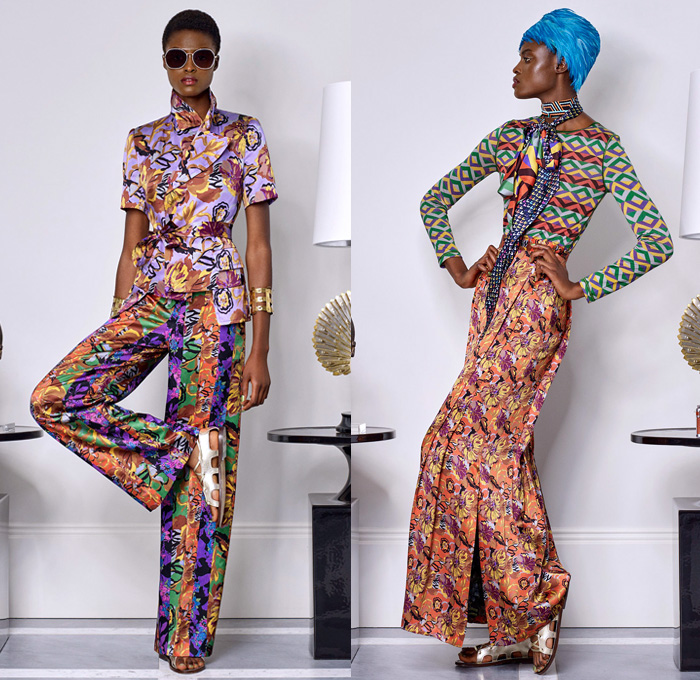 Duro Olowu 2018 Spring Summer Womens Lookbook Presentation - London Fashion Week Collections UK United Kingdom - Lee Miller Homage Mix Match Mash Up Flowers Floral Print Pattern Motif Stripes Decorative Art Geometric Ethnic Tribal Folk Ruffles Pockets Sheer Chiffon Organza Silk Satin Trench Coat Kimono Cape Jacket Blazer Tiered Shirtdress Bell Leg-of-Mutton Sleeves Blouse Pantsuit Wide Leg Trousers Palazzo Pants Maxi Dress Gown Gladiator Sandals Headwear Leaves Sunglasses Shades Cuffs Scarf