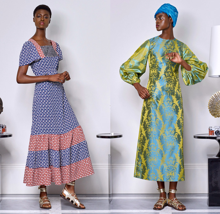 Duro Olowu 2018 Spring Summer Womens Lookbook Presentation - London Fashion Week Collections UK United Kingdom - Lee Miller Homage Mix Match Mash Up Flowers Floral Print Pattern Motif Stripes Decorative Art Geometric Ethnic Tribal Folk Ruffles Pockets Sheer Chiffon Organza Silk Satin Trench Coat Kimono Cape Jacket Blazer Tiered Shirtdress Bell Leg-of-Mutton Sleeves Blouse Pantsuit Wide Leg Trousers Palazzo Pants Maxi Dress Gown Gladiator Sandals Headwear Leaves Sunglasses Shades Cuffs Scarf