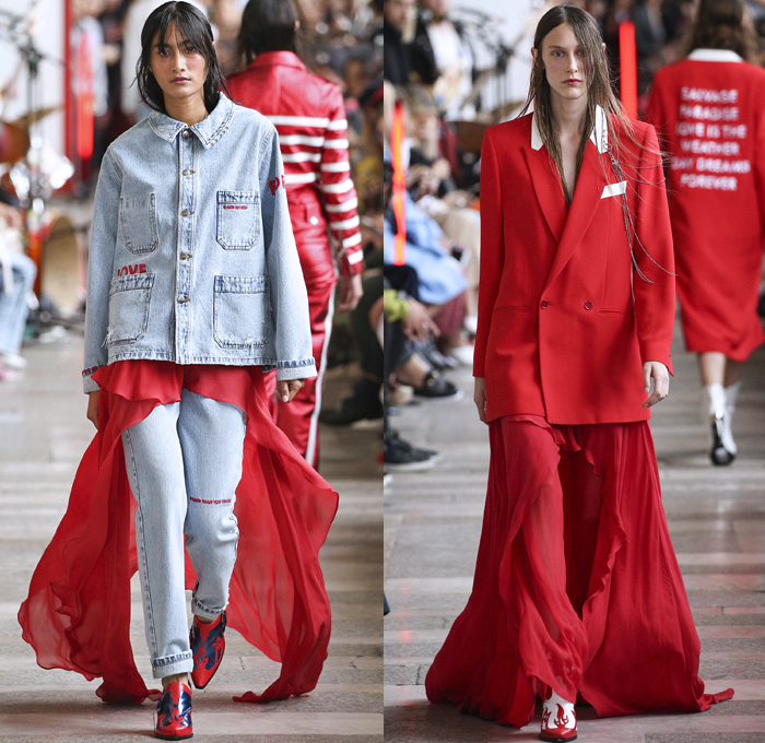 Each x Other 2018 Spring Summer Womens Runway Catwalk Looks - Mode à Paris Fashion Week France - Salvage Paradise Denim Jeans Western Shirt Miniskirt Trench Coat Blazerdress  Motorcycle Biker Leather Jacket Sweatshirt Pantsuit Vest Fringes Embroidery Bedazzled Sequins Flames Sheer Chiffon Tulle Stripes Silk Satin Ruffles Mask Veil Lace Pinstripe Cutout One Shoulder Leg O'Mutton Sleeves Shirtdress Handkerchief Hem Ribbon Dress Gown Eveningwear Cowgirl Boots Snakeskin Sneakers Choker Clutch Bag