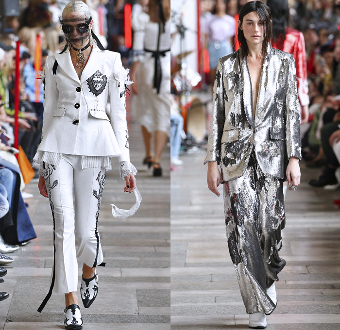 Each x Other 2018 Spring Summer Womens Runway Catwalk Looks - Mode à Paris Fashion Week France - Salvage Paradise Denim Jeans Western Shirt Miniskirt Trench Coat Blazerdress  Motorcycle Biker Leather Jacket Sweatshirt Pantsuit Vest Fringes Embroidery Bedazzled Sequins Flames Sheer Chiffon Tulle Stripes Silk Satin Ruffles Mask Veil Lace Pinstripe Cutout One Shoulder Leg O'Mutton Sleeves Shirtdress Handkerchief Hem Ribbon Dress Gown Eveningwear Cowgirl Boots Snakeskin Sneakers Choker Clutch Bag