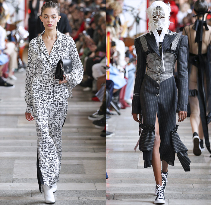 Each x Other 2018 Spring Summer Womens Runway Catwalk Looks - Mode à Paris Fashion Week France - Salvage Paradise Denim Jeans Western Shirt Miniskirt Trench Coat Blazerdress  Motorcycle Biker Leather Jacket Sweatshirt Pantsuit Vest Fringes Embroidery Bedazzled Sequins Flames Sheer Chiffon Tulle Stripes Silk Satin Ruffles Mask Veil Lace Pinstripe Cutout One Shoulder Leg O'Mutton Sleeves Shirtdress Handkerchief Hem Ribbon Dress Gown Eveningwear Cowgirl Boots Snakeskin Sneakers Choker Clutch Bag