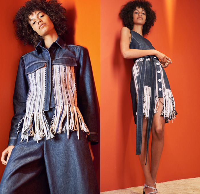 Edun 2018 Spring Summer Womens Lookbook Presentation - New York Fashion Week NYFW - Denim Jeans Recycled Shoelaces Knit Crochet Fringes Embroidery Decorated Bedazzled Beads Basketweave Drawstring Pleats Cinch Snakeskin Kimono Wrap Silk Satin Ornaments Zebra Zigzag Mesh Leather Abstract Trench Coat Wrinkled Motorcycle Biker Jacket Sweater Bell Sleeves Bralette Bikini Top Vest Waistcoat Dress Miniskirt Shorts Wide Leg Trousers Palazzo Pants Platform Shoes Gladiator Sandals Handbag Wooden Handle