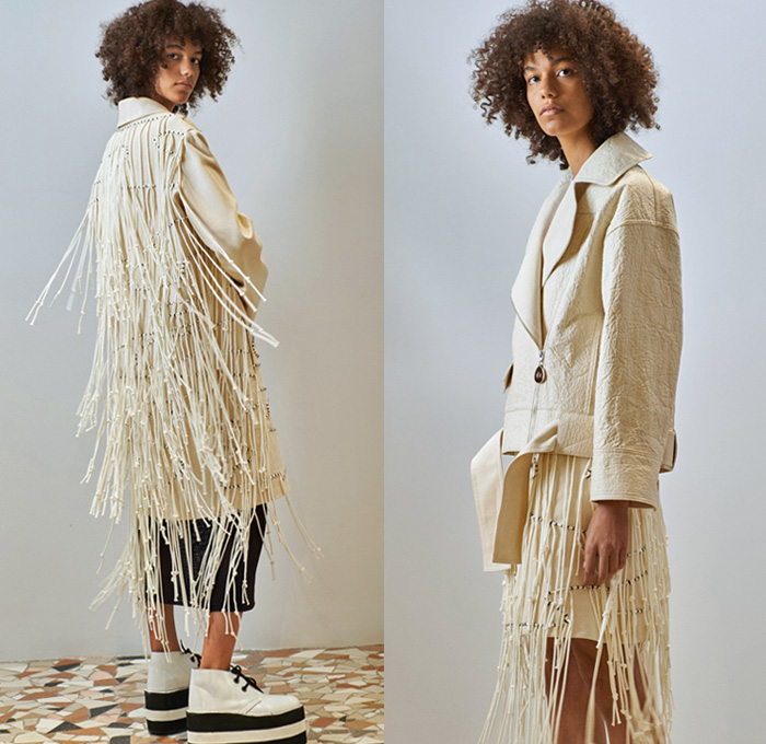 Edun 2018 Spring Summer Womens Lookbook Presentation - New York Fashion Week NYFW - Denim Jeans Recycled Shoelaces Knit Crochet Fringes Embroidery Decorated Bedazzled Beads Basketweave Drawstring Pleats Cinch Snakeskin Kimono Wrap Silk Satin Ornaments Zebra Zigzag Mesh Leather Abstract Trench Coat Wrinkled Motorcycle Biker Jacket Sweater Bell Sleeves Bralette Bikini Top Vest Waistcoat Dress Miniskirt Shorts Wide Leg Trousers Palazzo Pants Platform Shoes Gladiator Sandals Handbag Wooden Handle