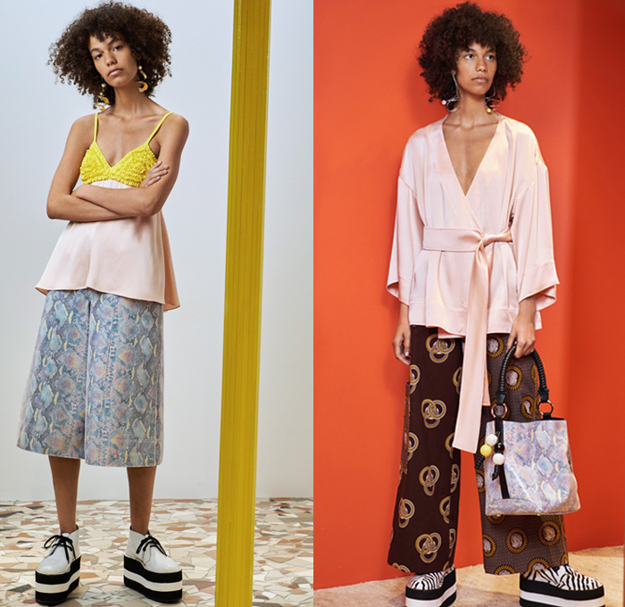 Edun 2018 Spring Summer Womens Lookbook Presentation - New York Fashion Week NYFW - Denim Jeans Recycled Shoelaces Knit Crochet Fringes Embroidery Decorated Bedazzled Beads Basketweave Drawstring Pleats Cinch Snakeskin Kimono Wrap Silk Satin Ornaments Zebra Zigzag Mesh Leather Abstract Trench Coat Wrinkled Motorcycle Biker Jacket Sweater Bell Sleeves Bralette Bikini Top Vest Waistcoat Dress Miniskirt Shorts Wide Leg Trousers Palazzo Pants Platform Shoes Gladiator Sandals Handbag Wooden Handle