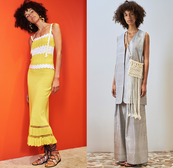 Edun 2018 Spring Summer Womens Lookbook Presentation - New York Fashion Week NYFW - Denim Jeans Recycled Shoelaces Knit Crochet Fringes Embroidery Decorated Bedazzled Beads Basketweave Drawstring Pleats Cinch Snakeskin Kimono Wrap Silk Satin Ornaments Zebra Zigzag Mesh Leather Abstract Trench Coat Wrinkled Motorcycle Biker Jacket Sweater Bell Sleeves Bralette Bikini Top Vest Waistcoat Dress Miniskirt Shorts Wide Leg Trousers Palazzo Pants Platform Shoes Gladiator Sandals Handbag Wooden Handle