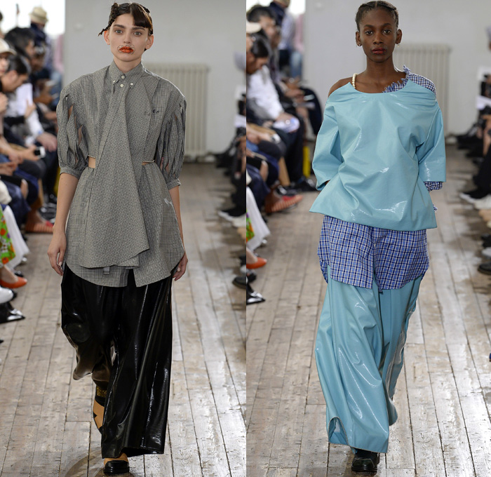 FACETASM by Hiromichi Ochiai 2018 Spring Summer Womens Runway Catwalk Looks - Mode à Paris Fashion Week Mode Masculine France - An Unconventional Harmony Created By Dissonance Deconstructed Layers Hearts Ruffles Dress Sheer Chiffon Organza Tulle Plaid Tartan Check Long Sleeve Blouse Shirt  Turtleneck Outerwear Trench Coat Parka Blazer Jacket Trenchblouse Velvet Straps Beads Embroidery Appliqués Bedazzled Sleepwear Pajamas Lounge Polka Dots Cutout Shoulders Frayed Raw Hem Destroyed Holes Hybrid Combo Panel Pantsuit Skirt Frock Leggings Socks Asymmetrical Hem Wide Leg Trousers Palazzo Pants Cargo Pockets PVC Vinyl Pleather Flower Lips Western Cowgirl Boots Brogues Pearls Necklace Loafers Headscarf Safety Pin 