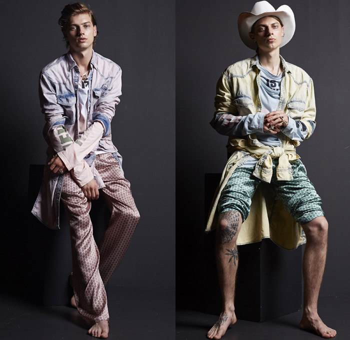 Faith Connexion 2018 Spring Summer Mens Lookbook Presentation - Mode à Paris Fashion Week Mode Masculine France - 1960s Sixties 1970s Seventies Rock N Roll Western Cowboy Hat Deconstructed Plaid Tartan Check Linen Ragged Silk Satin Sleepwear Pajamas Lounge Long Sleeve Shirt Tunic Knit Sweater Jumper Suit Blazer Jacket Parka Motorcycle Biker Rider Leather Jacket Pseudo Denim Effect Jeans Look Print Jogger Sweatpants Frayed Raw Hem Destroyed Destructed Ripped Holes Graffiti Flare Bell Bottom Wide Leg Retro Faded Metallic Silver Gold Necklace Scarf