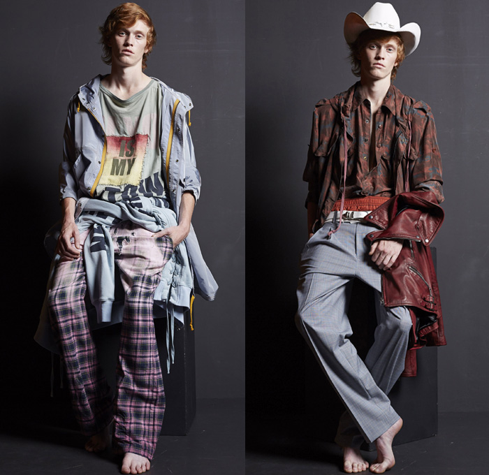 Faith Connexion 2018 Spring Summer Mens Lookbook Presentation - Mode à Paris Fashion Week Mode Masculine France - 1960s Sixties 1970s Seventies Rock N Roll Western Cowboy Hat Deconstructed Plaid Tartan Check Linen Ragged Silk Satin Sleepwear Pajamas Lounge Long Sleeve Shirt Tunic Knit Sweater Jumper Suit Blazer Jacket Parka Motorcycle Biker Rider Leather Jacket Pseudo Denim Effect Jeans Look Print Jogger Sweatpants Frayed Raw Hem Destroyed Destructed Ripped Holes Graffiti Flare Bell Bottom Wide Leg Retro Faded Metallic Silver Gold Necklace Scarf