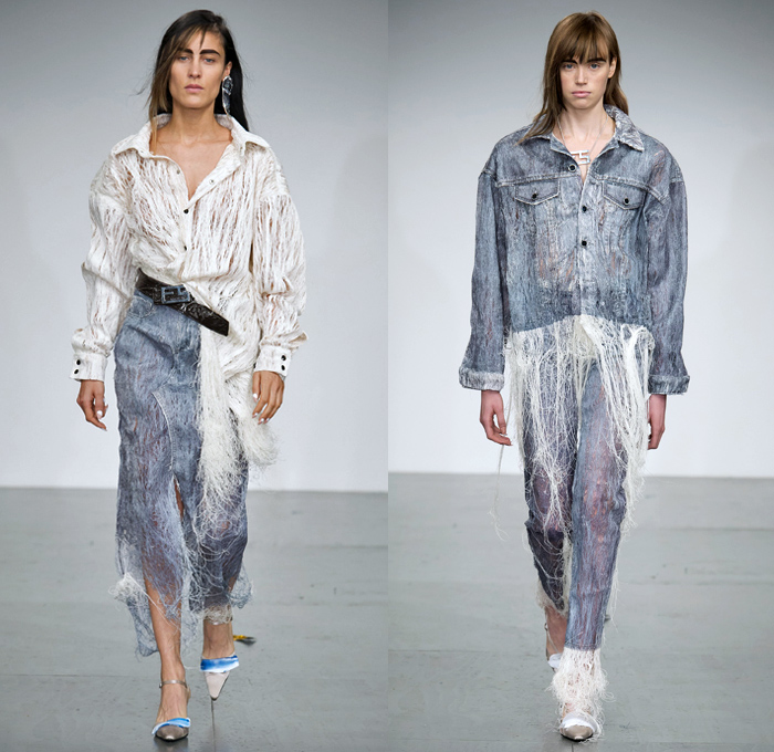 Faustine Steinmetz 2018 Spring Summer Womens Runway Catwalk Looks - London Fashion Week Collections UK - Denim Jeans Trucker Jacket Frayed Raw Hem Destroyed Ripped Tattered Cutout Threads Cobweb Mesh Steel Iron Wire Wool Sponge Cracks Metallic Paint Texture Brush Strokes Embroidery Patches Stitched Long Sleeve Shirt Noodle Spaghetti Strap Kaftan Drapery Skirt Sportswear Athleisure Track Pants Sheer Chiffon Tulle Silk Satin Flowers Floral Fanny Pack Waist Pouch Belt Micro Bag Purse Heels Pumps