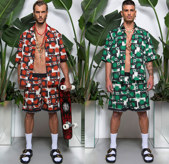 Fausto Puglisi 2018 Spring Summer Mens Lookbook Presentation - Milano Moda Uomo Collezione Milan Fashion Week Italy - Royalty Zeitgeist Greco-Roman Statues Denim Jeans Frayed Raw Hem Shorts Cutoffs Motorcycle Biker Rider Leather Jacket Sportswear Athleisure Gym Fitness Activewear Polo Shirt Hooded Sweatshirt Bomber Jacket Flowers Floral Orchid Botanical Print Embellished Adornments Decorated Bedazzled Metallic Studs Tie-dye Boxing Skateboard Socks Gladiator Sandals Necklace Sneakers