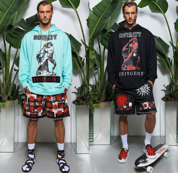 Fausto Puglisi 2018 Spring Summer Mens Lookbook Presentation - Milano Moda Uomo Collezione Milan Fashion Week Italy - Royalty Zeitgeist Greco-Roman Statues Denim Jeans Frayed Raw Hem Shorts Cutoffs Motorcycle Biker Rider Leather Jacket Sportswear Athleisure Gym Fitness Activewear Polo Shirt Hooded Sweatshirt Bomber Jacket Flowers Floral Orchid Botanical Print Embellished Adornments Decorated Bedazzled Metallic Studs Tie-dye Boxing Skateboard Socks Gladiator Sandals Necklace Sneakers