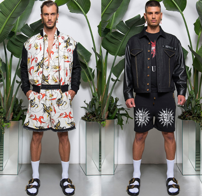 Fausto Puglisi 2018 Spring Summer Mens Lookbook Presentation - Milano Moda Uomo Collezione Milan Fashion Week Italy - Royalty Zeitgeist Greco-Roman Statues Denim Jeans Frayed Raw Hem Shorts Cutoffs Motorcycle Biker Rider Leather Jacket Sportswear Athleisure Gym Fitness Activewear Polo Shirt Hooded Sweatshirt Bomber Jacket Flowers Floral Orchid Botanical Print Embellished Adornments Decorated Bedazzled Metallic Studs Tie-dye Boxing Skateboard Socks Gladiator Sandals Necklace Sneakers