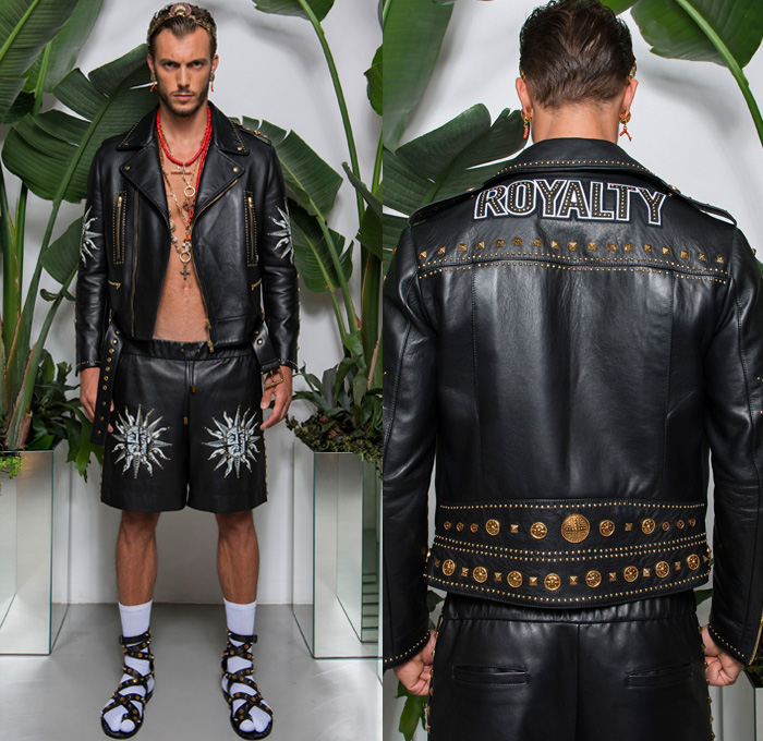 Fausto Puglisi 2018 Spring Summer Mens Lookbook Presentation - Milano Moda Uomo Collezione Milan Fashion Week Italy - Royalty Zeitgeist Greco-Roman Statues Denim Jeans Frayed Raw Hem Shorts Cutoffs Motorcycle Biker Rider Leather Jacket Sportswear Athleisure Gym Fitness Activewear Polo Shirt Hooded Sweatshirt Bomber Jacket Flowers Floral Orchid Botanical Print Embellished Adornments Decorated Bedazzled Metallic Studs Tie-dye Boxing Skateboard Socks Gladiator Sandals Necklace Sneakers