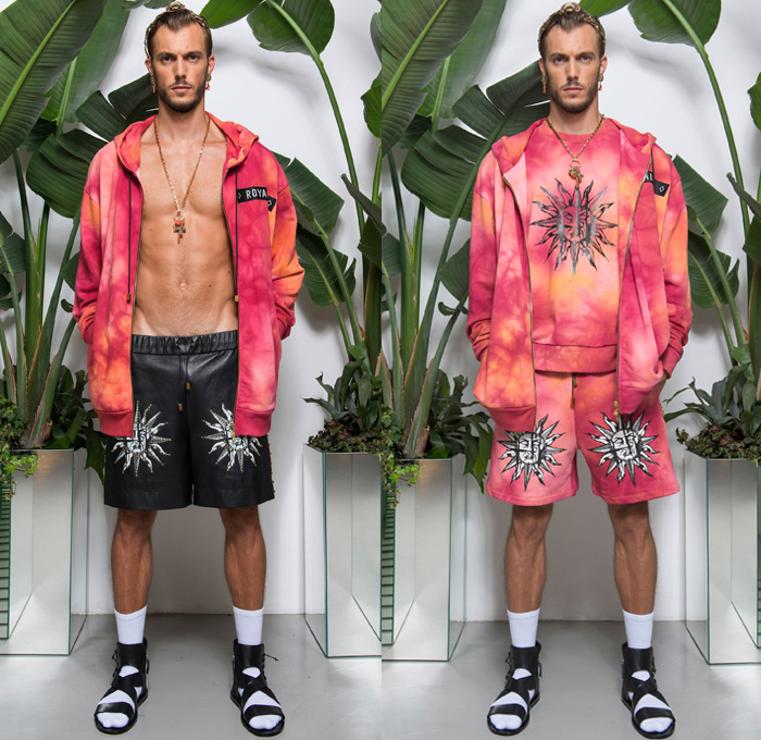 Fausto Puglisi 2018 Spring Summer Mens Lookbook Presentation - Milano Moda Uomo Collezione Milan Fashion Week Italy - Royalty Zeitgeist Greco-Roman Statues Denim Jeans Frayed Raw Hem Shorts Cutoffs Motorcycle Biker Rider Leather Jacket Sportswear Athleisure Gym Fitness Activewear Polo Shirt Hooded Sweatshirt Bomber Jacket Flowers Floral Orchid Botanical Print Embellished Adornments Decorated Bedazzled Metallic Studs Tie-dye Boxing Skateboard Socks Gladiator Sandals Necklace Sneakers