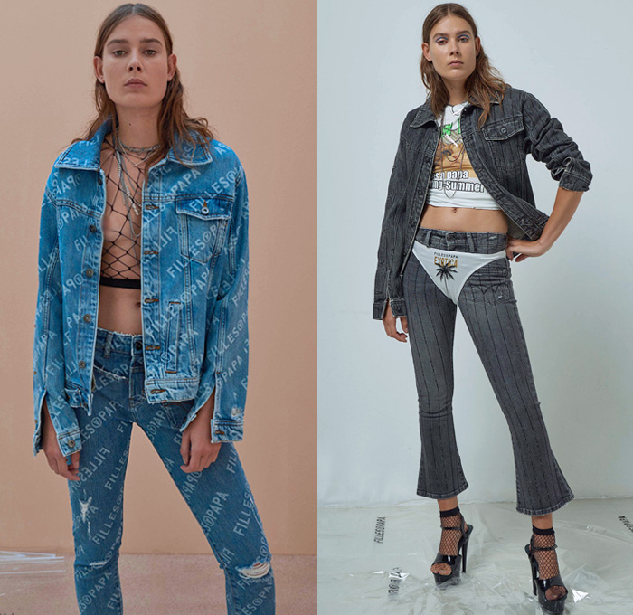 Filles à Papa 2018 Spring Summer Womens Lookbook Presentation - Mode à Paris Fashion Week France - Exotica Tropical Palm Trees Fishnet Bikini Silk Satin Wrap Peplum Ruffles Cutout Shoulders Plaid Check Dress Bedazzled Sequins Miniskirt Knit Sweater One Shoulder Low V-Neck Sweaterdress Cross Twist Halterneck Knot Robe Motorcycle Biker Jacket Snap Buttons Tearaway Pants Denim Jeans Trucker Railroad Stripes Zippers Cropped Hybrid Vest Cutoffs Shorts Unitard Leotard Stiletto Hat Cap Slip-Ons Boots