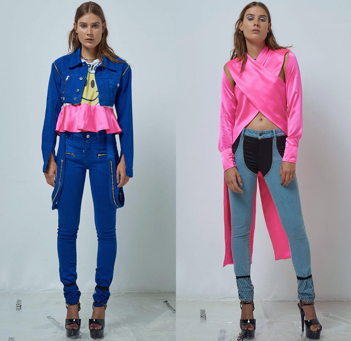 Filles à Papa 2018 Spring Summer Womens Lookbook Presentation - Mode à Paris Fashion Week France - Exotica Tropical Palm Trees Fishnet Bikini Silk Satin Wrap Peplum Ruffles Cutout Shoulders Plaid Check Dress Bedazzled Sequins Miniskirt Knit Sweater One Shoulder Low V-Neck Sweaterdress Cross Twist Halterneck Knot Robe Motorcycle Biker Jacket Snap Buttons Tearaway Pants Denim Jeans Trucker Railroad Stripes Zippers Cropped Hybrid Vest Cutoffs Shorts Unitard Leotard Stiletto Hat Cap Slip-Ons Boots