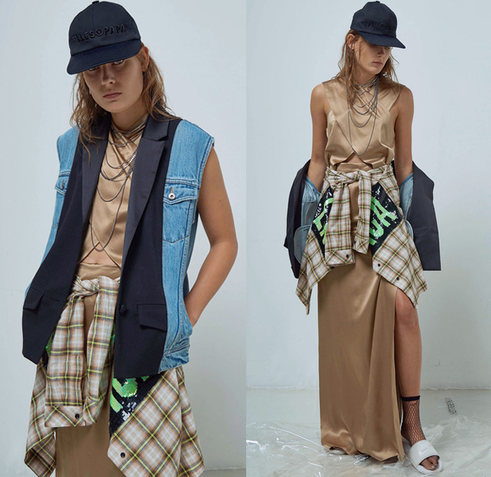 Filles à Papa 2018 Spring Summer Womens Lookbook Presentation - Mode à Paris Fashion Week France - Exotica Tropical Palm Trees Fishnet Bikini Silk Satin Wrap Peplum Ruffles Cutout Shoulders Plaid Check Dress Bedazzled Sequins Miniskirt Knit Sweater One Shoulder Low V-Neck Sweaterdress Cross Twist Halterneck Knot Robe Motorcycle Biker Jacket Snap Buttons Tearaway Pants Denim Jeans Trucker Railroad Stripes Zippers Cropped Hybrid Vest Cutoffs Shorts Unitard Leotard Stiletto Hat Cap Slip-Ons Boots