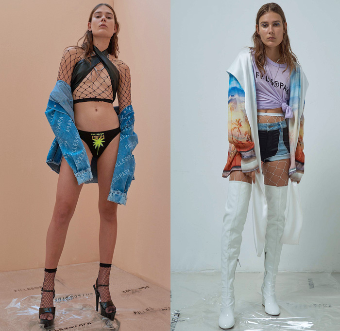 Filles à Papa 2018 Spring Summer Womens Lookbook Presentation - Mode à Paris Fashion Week France - Exotica Tropical Palm Trees Fishnet Bikini Silk Satin Wrap Peplum Ruffles Cutout Shoulders Plaid Check Dress Bedazzled Sequins Miniskirt Knit Sweater One Shoulder Low V-Neck Sweaterdress Cross Twist Halterneck Knot Robe Motorcycle Biker Jacket Snap Buttons Tearaway Pants Denim Jeans Trucker Railroad Stripes Zippers Cropped Hybrid Vest Cutoffs Shorts Unitard Leotard Stiletto Hat Cap Slip-Ons Boots