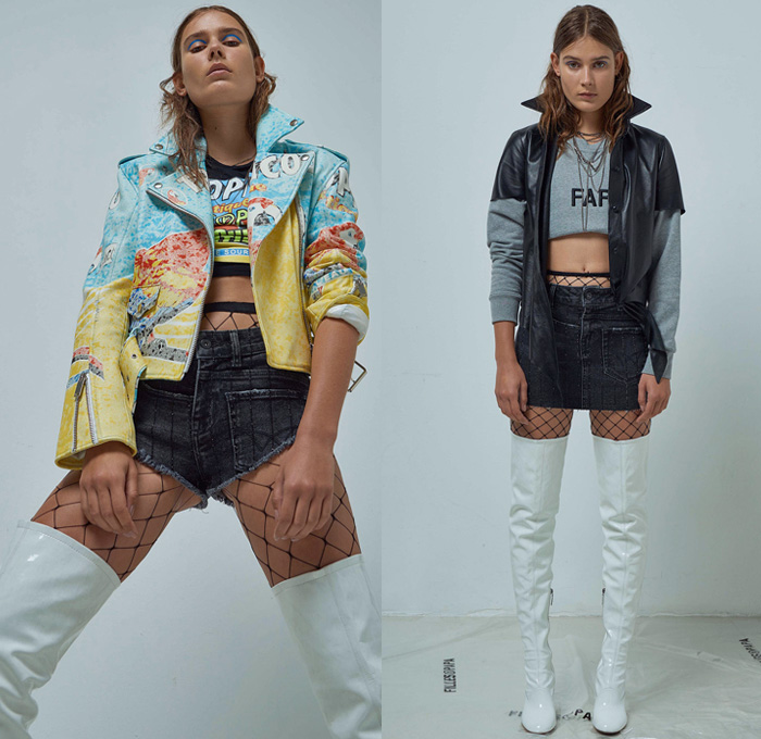 Filles à Papa 2018 Spring Summer Womens Lookbook Presentation - Mode à Paris Fashion Week France - Exotica Tropical Palm Trees Fishnet Bikini Silk Satin Wrap Peplum Ruffles Cutout Shoulders Plaid Check Dress Bedazzled Sequins Miniskirt Knit Sweater One Shoulder Low V-Neck Sweaterdress Cross Twist Halterneck Knot Robe Motorcycle Biker Jacket Snap Buttons Tearaway Pants Denim Jeans Trucker Railroad Stripes Zippers Cropped Hybrid Vest Cutoffs Shorts Unitard Leotard Stiletto Hat Cap Slip-Ons Boots