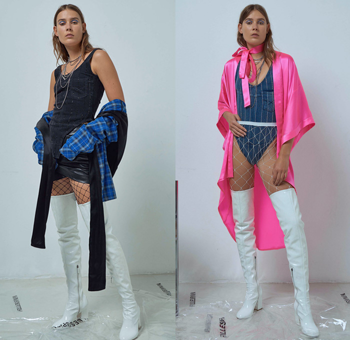 Filles à Papa 2018 Spring Summer Womens Lookbook Presentation - Mode à Paris Fashion Week France - Exotica Tropical Palm Trees Fishnet Bikini Silk Satin Wrap Peplum Ruffles Cutout Shoulders Plaid Check Dress Bedazzled Sequins Miniskirt Knit Sweater One Shoulder Low V-Neck Sweaterdress Cross Twist Halterneck Knot Robe Motorcycle Biker Jacket Snap Buttons Tearaway Pants Denim Jeans Trucker Railroad Stripes Zippers Cropped Hybrid Vest Cutoffs Shorts Unitard Leotard Stiletto Hat Cap Slip-Ons Boots