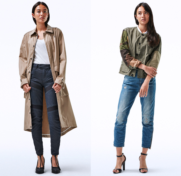 G-Star RAW Amsterdam 2018 Spring Summer Womens Fashion Lookbook - Deline Mac Motac-X Avernus Racer Suit Trench Coat Spiraq D-Staq Lanc Boyfriend Graft Arc 3D Aefon Field Overshirt Denim Jeans Frayed Raw Hem Destroyed Moto Knee Panels Trucker Jacket Patchwork Onesie Jumpsuit Coveralls Bib Brace Dungarees Boiler Suit Houndstooth Check Sleeveless Blouse Sweater Jumper Pullover Long Sleeve Shirt Cargo Pockets Bell Wide Sleeves Tie Up Waist Wide Leg Trousers Palazzo Pants Culottes Heels Pumps Boots