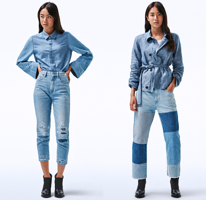 G-Star RAW Amsterdam 2018 Spring Summer Womens Fashion Lookbook - Deline Mac Motac-X Avernus Racer Suit Trench Coat Spiraq D-Staq Lanc Boyfriend Graft Arc 3D Aefon Field Overshirt Denim Jeans Frayed Raw Hem Destroyed Moto Knee Panels Trucker Jacket Patchwork Onesie Jumpsuit Coveralls Bib Brace Dungarees Boiler Suit Houndstooth Check Sleeveless Blouse Sweater Jumper Pullover Long Sleeve Shirt Cargo Pockets Bell Wide Sleeves Tie Up Waist Wide Leg Trousers Palazzo Pants Culottes Heels Pumps Boots