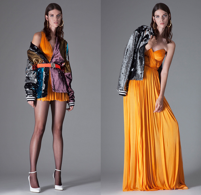 Greta Constantine 2018 Spring Summer Womens Lookbook Presentation - New York Fashion Week NYFW - Art Deco Disco 1970s Seventies Embroidery Decorated Appliqués Bedazzled Metallic Sequins Jacket Blazer Bomber Jacket Bralette Frankenstein Pussycat Bow One Shoulder Babydoll Dress Drapery Pleats Unitard Cutout Waist Gown Eveningwear Poodle Skirt Sheer Chiffon Tulle Ruffles Miniskirt Harem Pants Flare Bell Bottom Onesie Jumpsuit Coveralls Headband Earrings Necklace Heels Pumps Stockings Tights Hosiery