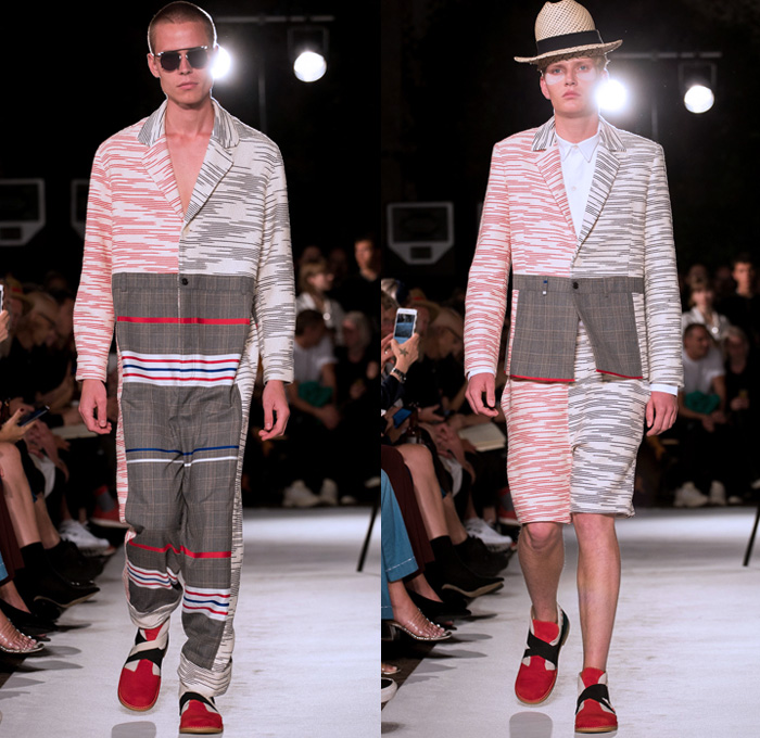 Henrik Vibskov 2018 Spring Summer Mens Runway Catwalk Looks - Copenhagen Fashion Week Denmark CPHFW - The Great Chain Of Sleepers Onesie Jumpsuit Coveralls Sleepwear Pajamas Lounge Mix Match Mash Up Hybrid Combo Panel Pants Illusion Stripes Plaid Tartan Check Knit Sleeping Fox Giraffe Worm Tie Up Knot Long Sleeve Shirt Cardigan Suit Embroidery Frayed Outerwear Coat Blazer Trenchjacket Shorts Sunglasses Socks Trainers Hat Fedora