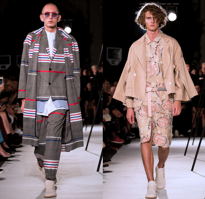 Henrik Vibskov 2018 Spring Summer Mens Runway Catwalk Looks - Copenhagen Fashion Week Denmark CPHFW - The Great Chain Of Sleepers Onesie Jumpsuit Coveralls Sleepwear Pajamas Lounge Mix Match Mash Up Hybrid Combo Panel Pants Illusion Stripes Plaid Tartan Check Knit Sleeping Fox Giraffe Worm Tie Up Knot Long Sleeve Shirt Cardigan Suit Embroidery Frayed Outerwear Coat Blazer Trenchjacket Shorts Sunglasses Socks Trainers Hat Fedora