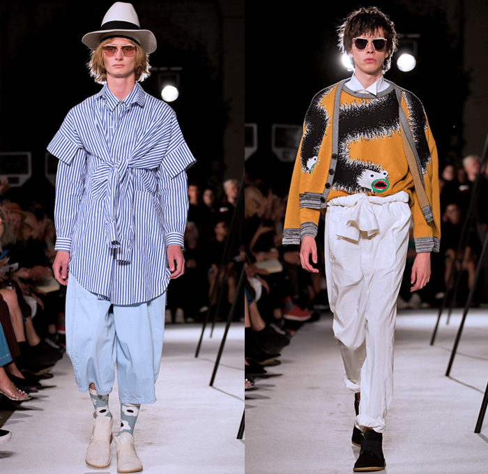 Henrik Vibskov 2018 Spring Summer Mens Runway Catwalk Looks - Copenhagen Fashion Week Denmark CPHFW - The Great Chain Of Sleepers Onesie Jumpsuit Coveralls Sleepwear Pajamas Lounge Mix Match Mash Up Hybrid Combo Panel Pants Illusion Stripes Plaid Tartan Check Knit Sleeping Fox Giraffe Worm Tie Up Knot Long Sleeve Shirt Cardigan Suit Embroidery Frayed Outerwear Coat Blazer Trenchjacket Shorts Sunglasses Socks Trainers Hat Fedora