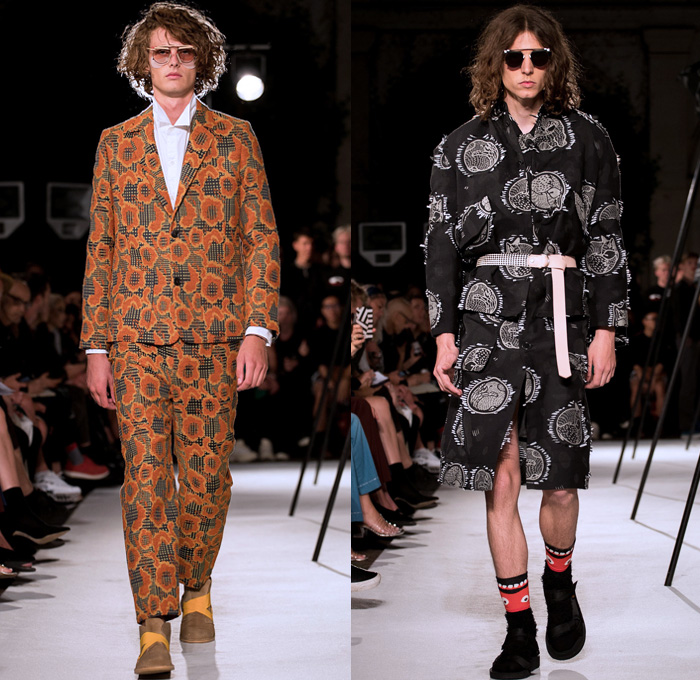 Henrik Vibskov 2018 Spring Summer Mens Runway Catwalk Looks - Copenhagen Fashion Week Denmark CPHFW - The Great Chain Of Sleepers Onesie Jumpsuit Coveralls Sleepwear Pajamas Lounge Mix Match Mash Up Hybrid Combo Panel Pants Illusion Stripes Plaid Tartan Check Knit Sleeping Fox Giraffe Worm Tie Up Knot Long Sleeve Shirt Cardigan Suit Embroidery Frayed Outerwear Coat Blazer Trenchjacket Shorts Sunglasses Socks Trainers Hat Fedora