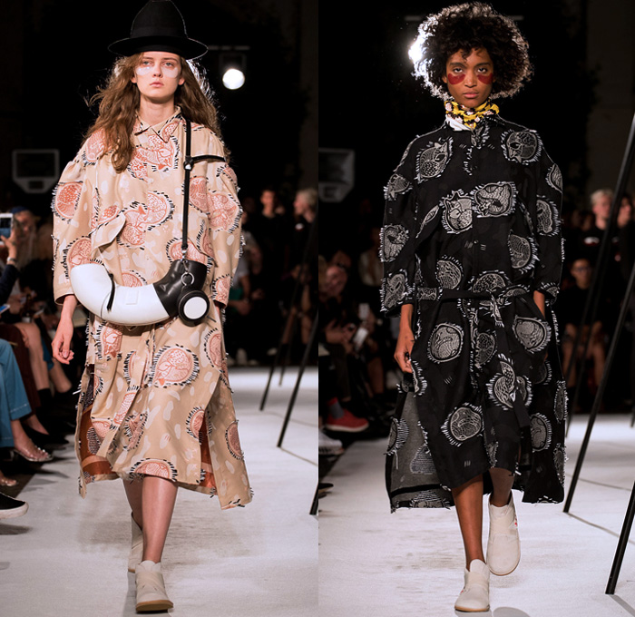 Henrik Vibskov 2018 Spring Summer Womens Runway Catwalk Looks - Copenhagen Fashion Week Denmark CPHFW - The Great Chain Of Sleepers Shirtdress Sleeping Fox Giraffe Long Sleeve Blouse Shirt Kimono Wrap Robe Embroidery Extra Sleeves Stripes Dress Plaid Tartan Check Gingham Sweater Jumper Outerwear Blazer Jacket Denim Jeans Skirt Frock Wide Leg Trousers Palazzo Pants Fedora Hat Horn Handbag Circular Bag Sunglasses Suede Trainers Socks With Sandals Scarf