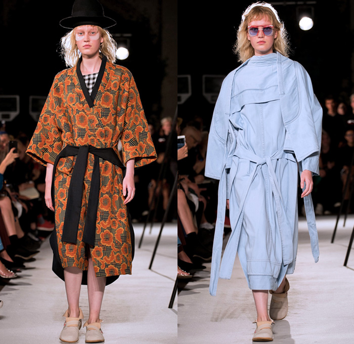 Henrik Vibskov 2018 Spring Summer Womens Runway Catwalk Looks - Copenhagen Fashion Week Denmark CPHFW - The Great Chain Of Sleepers Shirtdress Sleeping Fox Giraffe Long Sleeve Blouse Shirt Kimono Wrap Robe Embroidery Extra Sleeves Stripes Dress Plaid Tartan Check Gingham Sweater Jumper Outerwear Blazer Jacket Denim Jeans Skirt Frock Wide Leg Trousers Palazzo Pants Fedora Hat Horn Handbag Circular Bag Sunglasses Suede Trainers Socks With Sandals Scarf