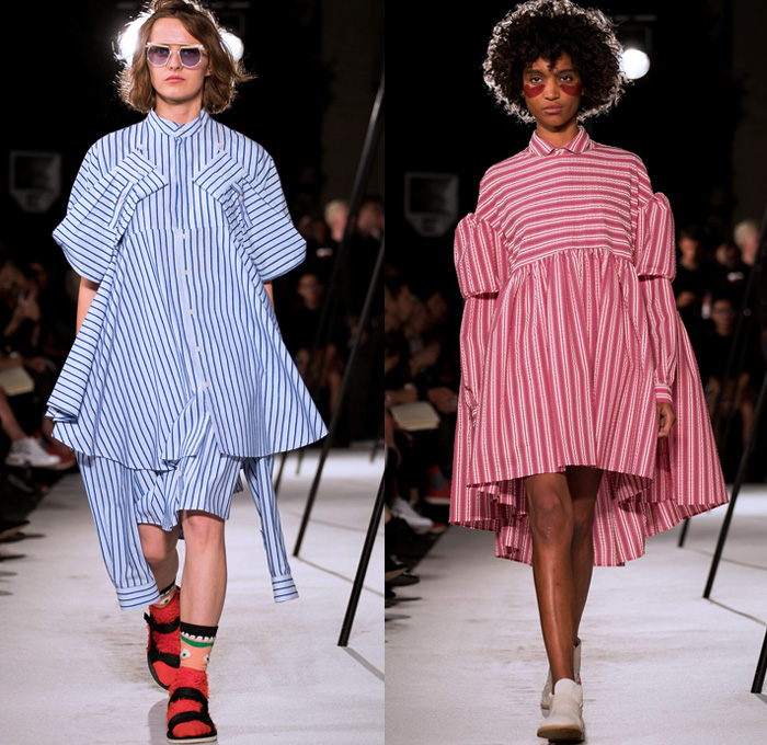 Henrik Vibskov 2018 Spring Summer Womens Runway Catwalk Looks - Copenhagen Fashion Week Denmark CPHFW - The Great Chain Of Sleepers Shirtdress Sleeping Fox Giraffe Long Sleeve Blouse Shirt Kimono Wrap Robe Embroidery Extra Sleeves Stripes Dress Plaid Tartan Check Gingham Sweater Jumper Outerwear Blazer Jacket Denim Jeans Skirt Frock Wide Leg Trousers Palazzo Pants Fedora Hat Horn Handbag Circular Bag Sunglasses Suede Trainers Socks With Sandals Scarf