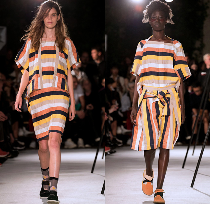 Henrik Vibskov 2018 Spring Summer Womens Runway Catwalk Looks - Copenhagen Fashion Week Denmark CPHFW - The Great Chain Of Sleepers Shirtdress Sleeping Fox Giraffe Long Sleeve Blouse Shirt Kimono Wrap Robe Embroidery Extra Sleeves Stripes Dress Plaid Tartan Check Gingham Sweater Jumper Outerwear Blazer Jacket Denim Jeans Skirt Frock Wide Leg Trousers Palazzo Pants Fedora Hat Horn Handbag Circular Bag Sunglasses Suede Trainers Socks With Sandals Scarf