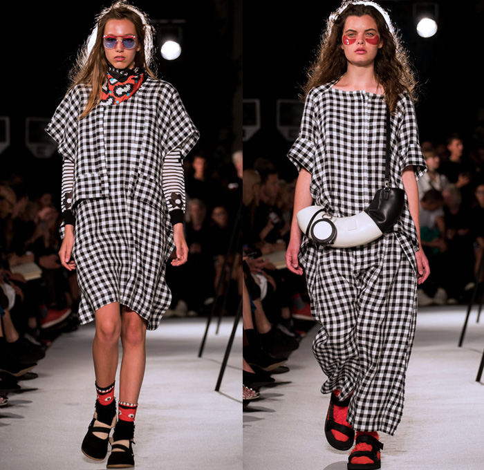 Henrik Vibskov 2018 Spring Summer Womens Runway Catwalk Looks - Copenhagen Fashion Week Denmark CPHFW - The Great Chain Of Sleepers Shirtdress Sleeping Fox Giraffe Long Sleeve Blouse Shirt Kimono Wrap Robe Embroidery Extra Sleeves Stripes Dress Plaid Tartan Check Gingham Sweater Jumper Outerwear Blazer Jacket Denim Jeans Skirt Frock Wide Leg Trousers Palazzo Pants Fedora Hat Horn Handbag Circular Bag Sunglasses Suede Trainers Socks With Sandals Scarf