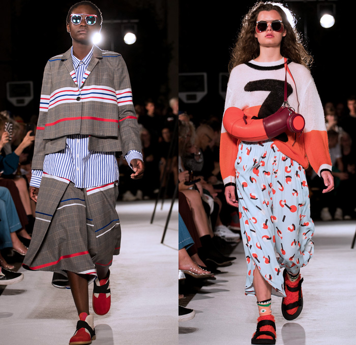 Henrik Vibskov 2018 Spring Summer Womens Runway Catwalk Looks - Copenhagen Fashion Week Denmark CPHFW - The Great Chain Of Sleepers Shirtdress Sleeping Fox Giraffe Long Sleeve Blouse Shirt Kimono Wrap Robe Embroidery Extra Sleeves Stripes Dress Plaid Tartan Check Gingham Sweater Jumper Outerwear Blazer Jacket Denim Jeans Skirt Frock Wide Leg Trousers Palazzo Pants Fedora Hat Horn Handbag Circular Bag Sunglasses Suede Trainers Socks With Sandals Scarf