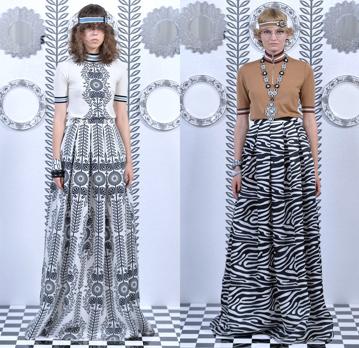 Holly Fulton 2018 Spring Summer Womens Lookbook Presentation - London Fashion Week Collections UK United Kingdom - Liquid Silk Godiva Dress Art Deco Kaleidoscope Mirror Image Ornamental Print Decorative Art Leaves Foliage Olive Branch Silk Satin Animal Zebra Stripes Leopard Cheetah Sunrays Jungle Racing Check Illustration Outerwear Coat Turtleneck Knitwear Sweater Jumper Cardigan Trackshirt Zipper Skirt Frock Pleats Dress Pants Trousers Retro Headband Necklace Bangles Handbag Micro Bag