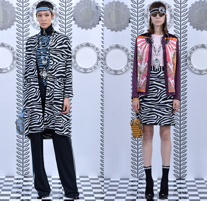 Holly Fulton 2018 Spring Summer Womens Lookbook Presentation - London Fashion Week Collections UK United Kingdom - Liquid Silk Godiva Dress Art Deco Kaleidoscope Mirror Image Ornamental Print Decorative Art Leaves Foliage Olive Branch Silk Satin Animal Zebra Stripes Leopard Cheetah Sunrays Jungle Racing Check Illustration Outerwear Coat Turtleneck Knitwear Sweater Jumper Cardigan Trackshirt Zipper Skirt Frock Pleats Dress Pants Trousers Retro Headband Necklace Bangles Handbag Micro Bag