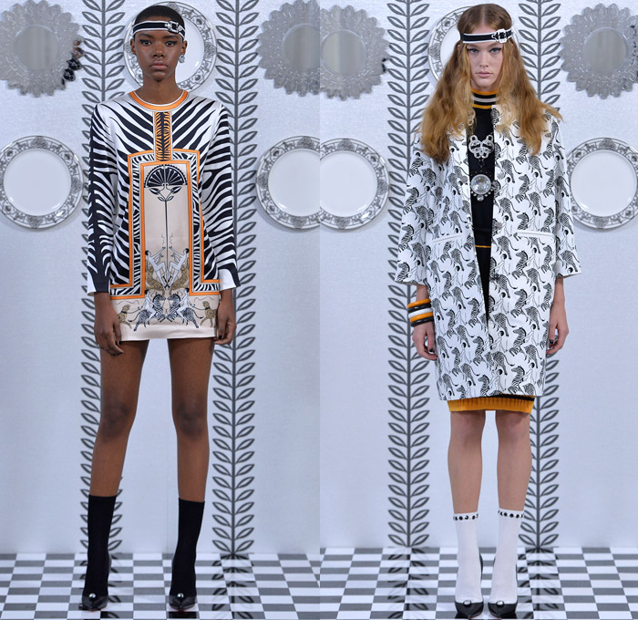 Holly Fulton 2018 Spring Summer Womens Lookbook Presentation - London Fashion Week Collections UK United Kingdom - Liquid Silk Godiva Dress Art Deco Kaleidoscope Mirror Image Ornamental Print Decorative Art Leaves Foliage Olive Branch Silk Satin Animal Zebra Stripes Leopard Cheetah Sunrays Jungle Racing Check Illustration Outerwear Coat Turtleneck Knitwear Sweater Jumper Cardigan Trackshirt Zipper Skirt Frock Pleats Dress Pants Trousers Retro Headband Necklace Bangles Handbag Micro Bag