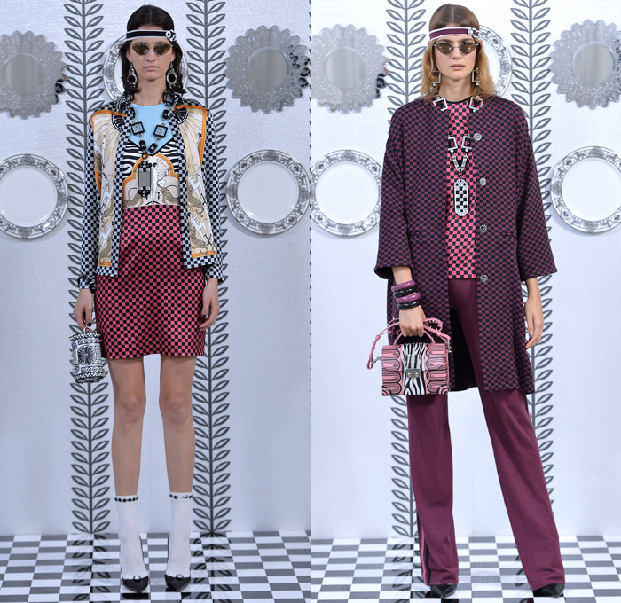 Holly Fulton 2018 Spring Summer Womens Lookbook Presentation - London Fashion Week Collections UK United Kingdom - Liquid Silk Godiva Dress Art Deco Kaleidoscope Mirror Image Ornamental Print Decorative Art Leaves Foliage Olive Branch Silk Satin Animal Zebra Stripes Leopard Cheetah Sunrays Jungle Racing Check Illustration Outerwear Coat Turtleneck Knitwear Sweater Jumper Cardigan Trackshirt Zipper Skirt Frock Pleats Dress Pants Trousers Retro Headband Necklace Bangles Handbag Micro Bag