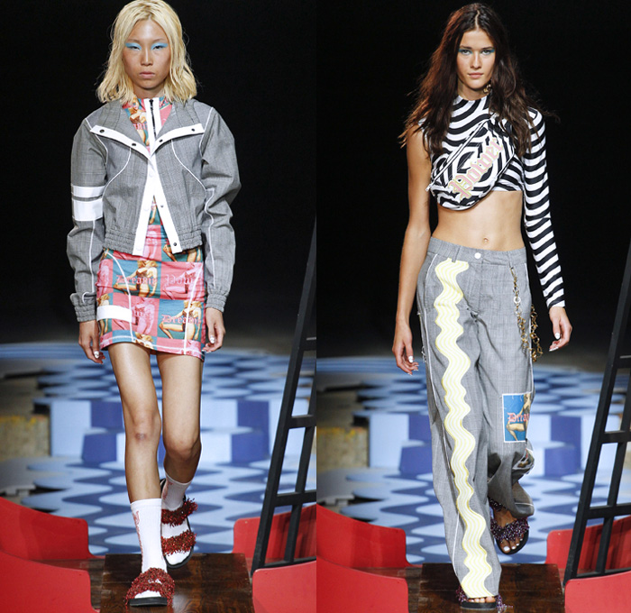 House of Holland 2018 Spring Summer Womens Runway Catwalk Looks - London Fashion Week Collections UK United Kingdom - Pirate Dreamy Power Waves Curves Stripes Mesh Velvet Fringes Beads Knit Crochet Weave Jacket Noodle Strap Dress Gown One Shoulder Crop Top Midriff Blouse Wide Leg Herringbone Denim Jeans Frayed Raw Hem Destroyed Embroidery Starfish Seaweed Sealife Coral Scarf Pirate Hat Sunglasses Socks Sandals Socks Fanny Pack Waist Pouch Belt Bag