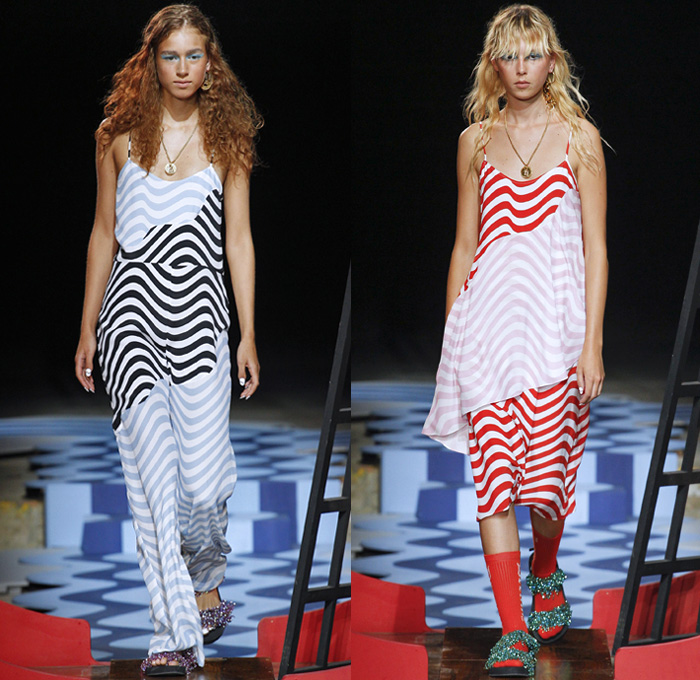 House of Holland 2018 Spring Summer Womens Runway Catwalk Looks - London Fashion Week Collections UK United Kingdom - Pirate Dreamy Power Waves Curves Stripes Mesh Velvet Fringes Beads Knit Crochet Weave Jacket Noodle Strap Dress Gown One Shoulder Crop Top Midriff Blouse Wide Leg Herringbone Denim Jeans Frayed Raw Hem Destroyed Embroidery Starfish Seaweed Sealife Coral Scarf Pirate Hat Sunglasses Socks Sandals Socks Fanny Pack Waist Pouch Belt Bag