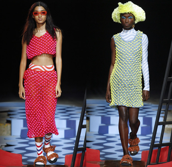 House of Holland 2018 Spring Summer Womens Runway Catwalk Looks - London Fashion Week Collections UK United Kingdom - Pirate Dreamy Power Waves Curves Stripes Mesh Velvet Fringes Beads Knit Crochet Weave Jacket Noodle Strap Dress Gown One Shoulder Crop Top Midriff Blouse Wide Leg Herringbone Denim Jeans Frayed Raw Hem Destroyed Embroidery Starfish Seaweed Sealife Coral Scarf Pirate Hat Sunglasses Socks Sandals Socks Fanny Pack Waist Pouch Belt Bag